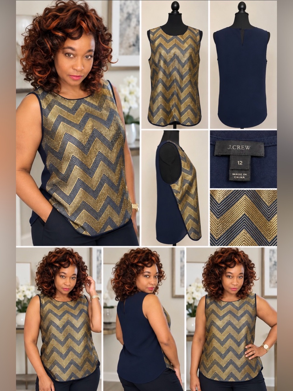 J. Crew Metallic Chevron Sleeveless Shell Top - Gold & Navy